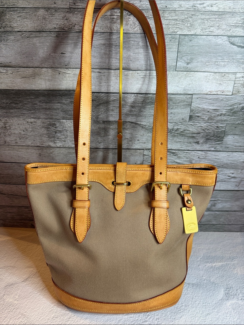 Vintage Dooney & Bourke USA Canvas Bucket Tote British Tan Leather Duck Tag